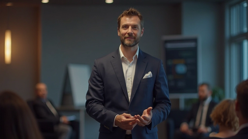 Профессиональный спикер выступает перед аудиторией в конференц-зале