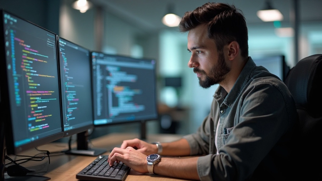 Специалист по IT, кодирующий программное обеспечение за компьютером в технологическом офисе