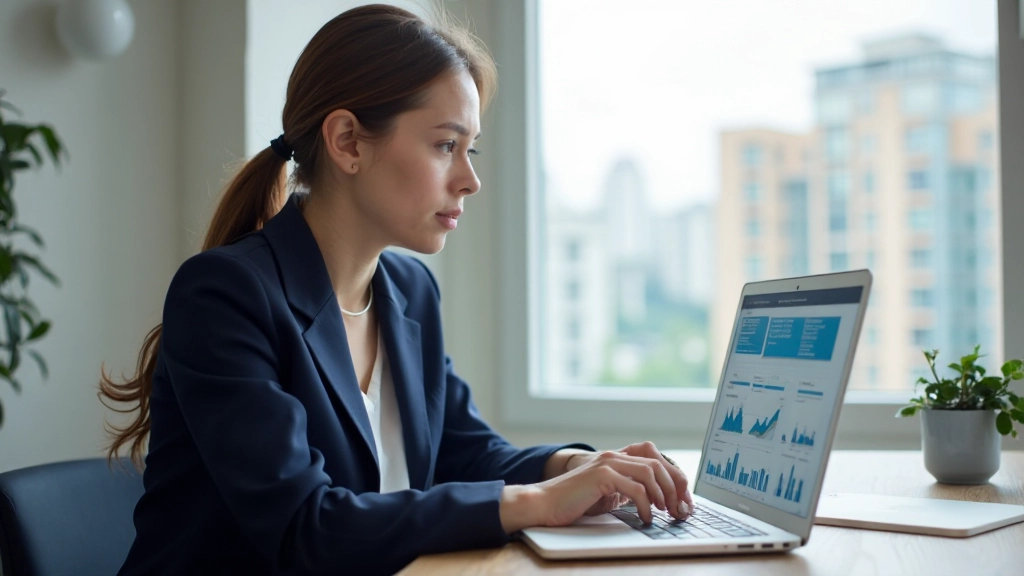 Профессионал, изучающий аналитику на современном ноутбуке в офисной среде